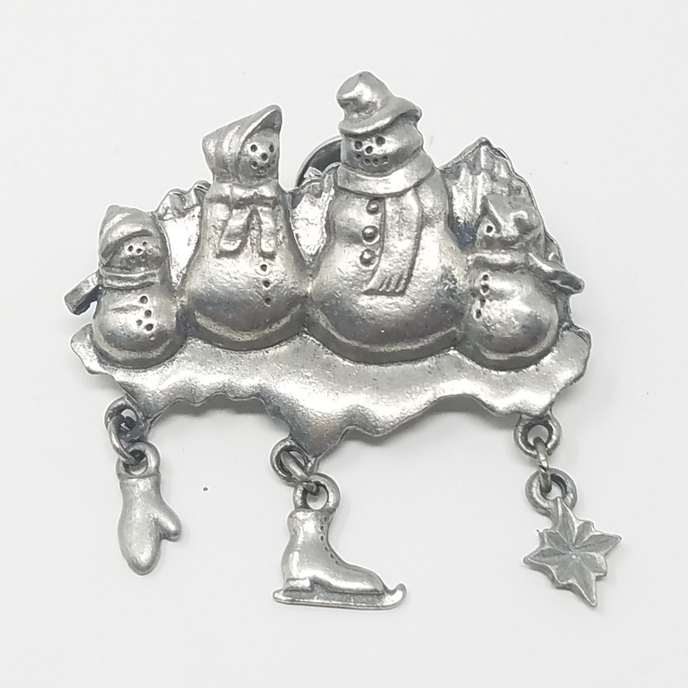 Vintage‎ LCD snowman family brooch silver tone